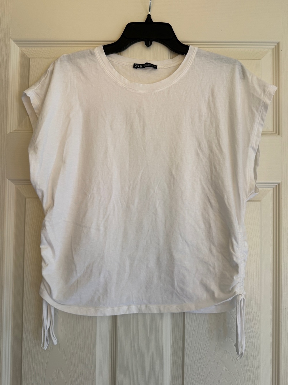 Zara Women's White Short Sleeve Side-Tie Crewneck Top